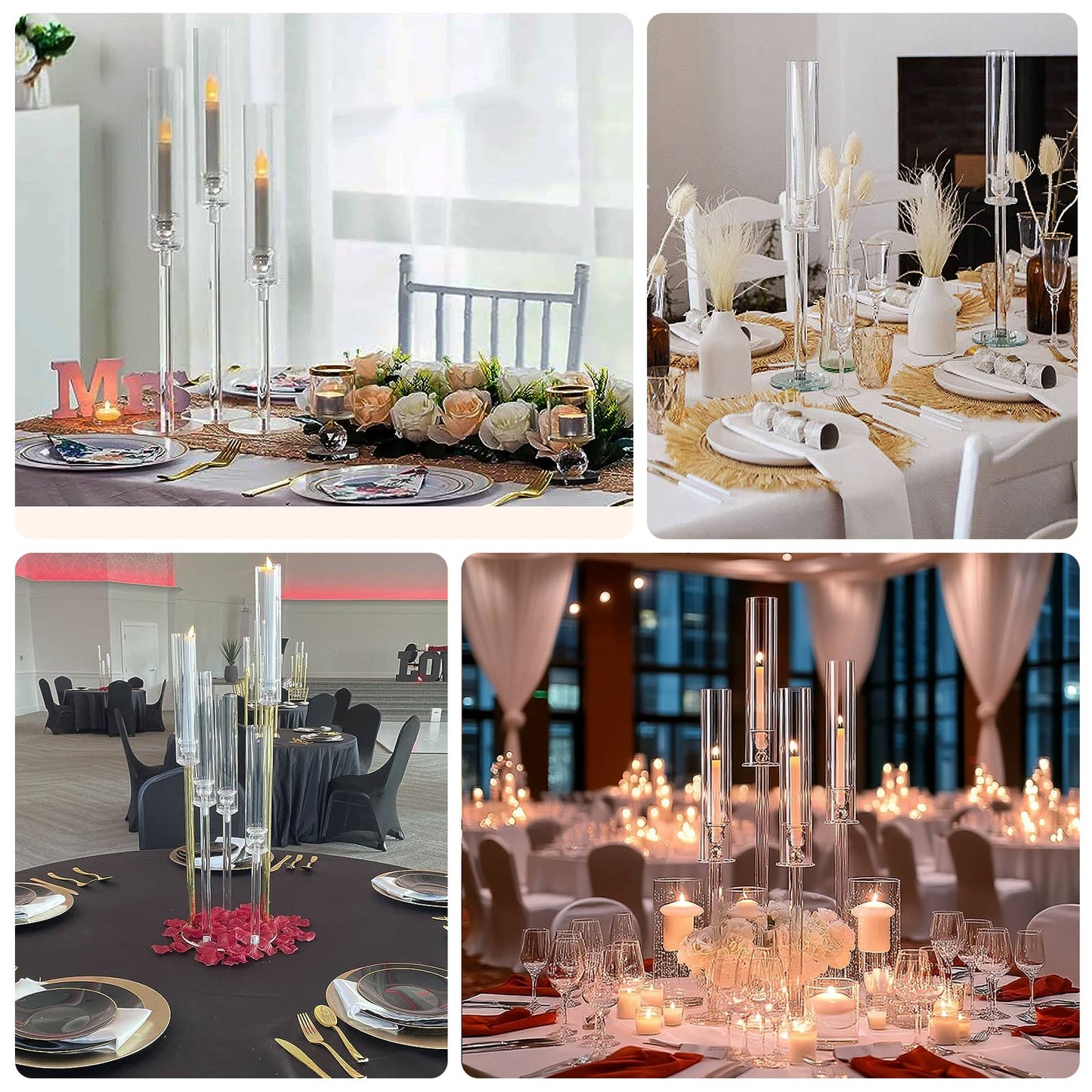 Set of 4 Crystal Glass Hurricane Taper Candle Holders Decorative Tall Candle Stands Clear Cylinder Chimney Tubes 29’’