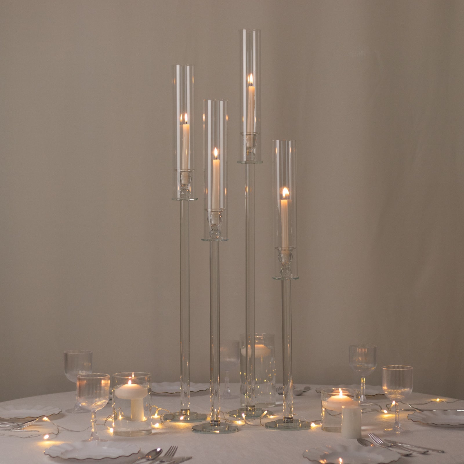 Set of 4 Crystal Glass Hurricane Taper Candle Holders Decorative Tall Candle Stands Clear Cylinder Chimney Tubes 29’’
