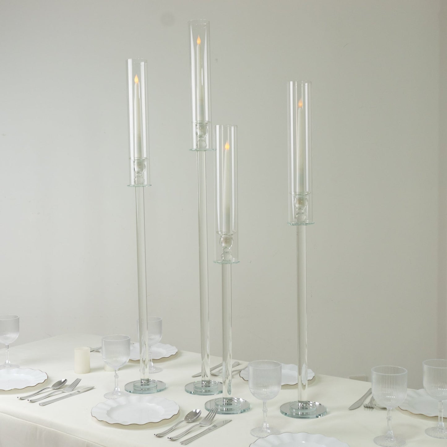 Set of 4 Crystal Glass Hurricane Taper Candle Holders Decorative Tall Candle Stands Clear Cylinder Chimney Tubes 29’’