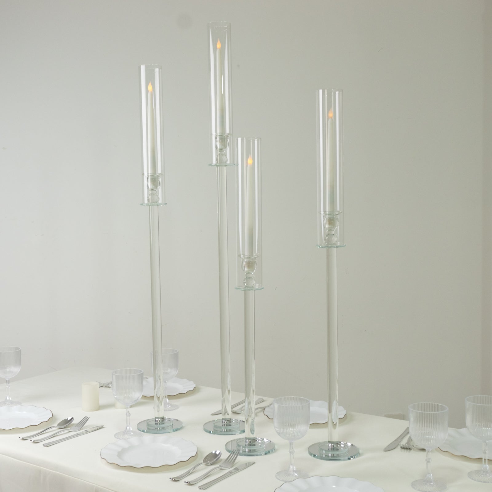 Set of 4 Crystal Glass Hurricane Taper Candle Holders Decorative Tall Candle Stands Clear Cylinder Chimney Tubes 29’’
