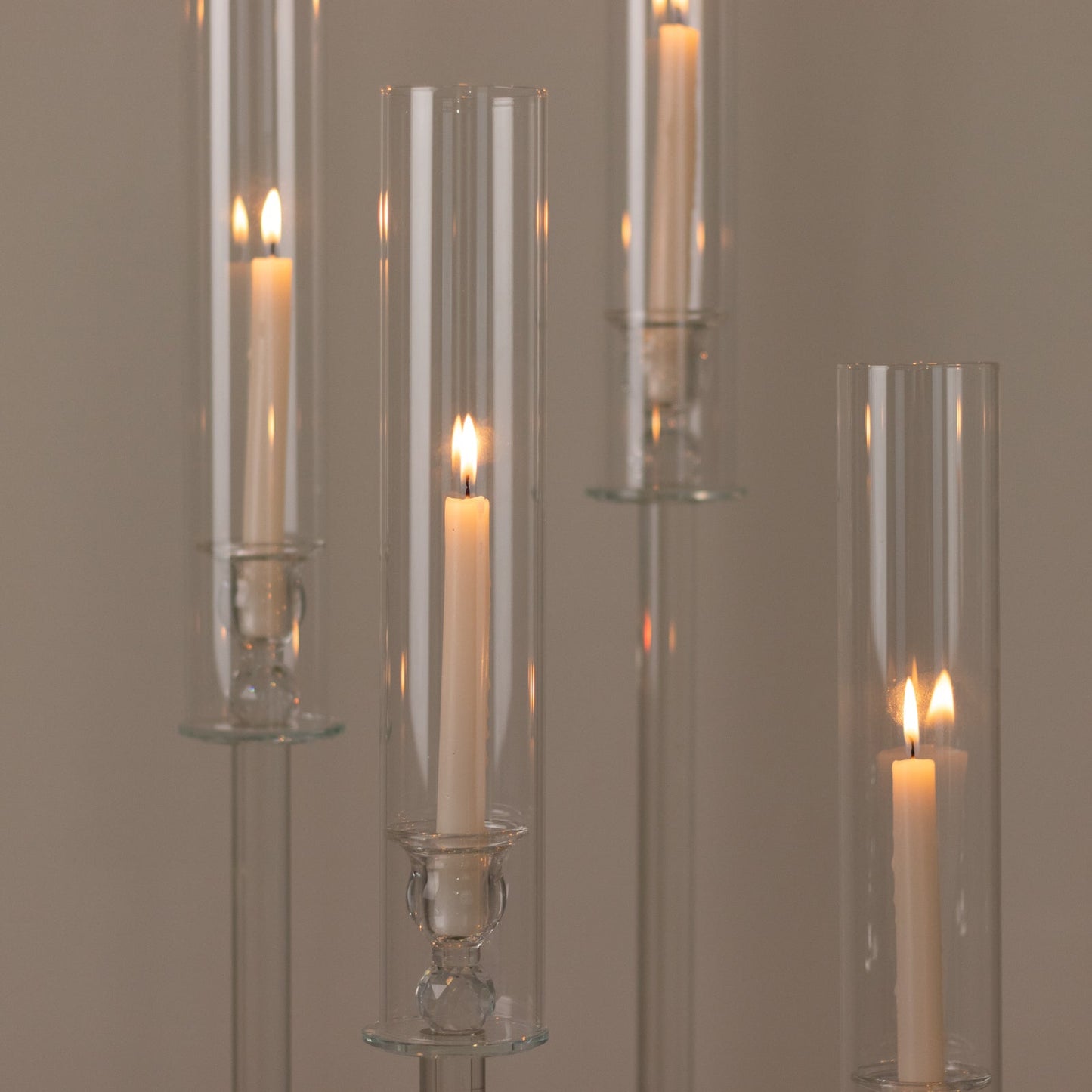 Set of 4 Crystal Glass Hurricane Taper Candle Holders Decorative Tall Candle Stands Clear Cylinder Chimney Tubes 29’’