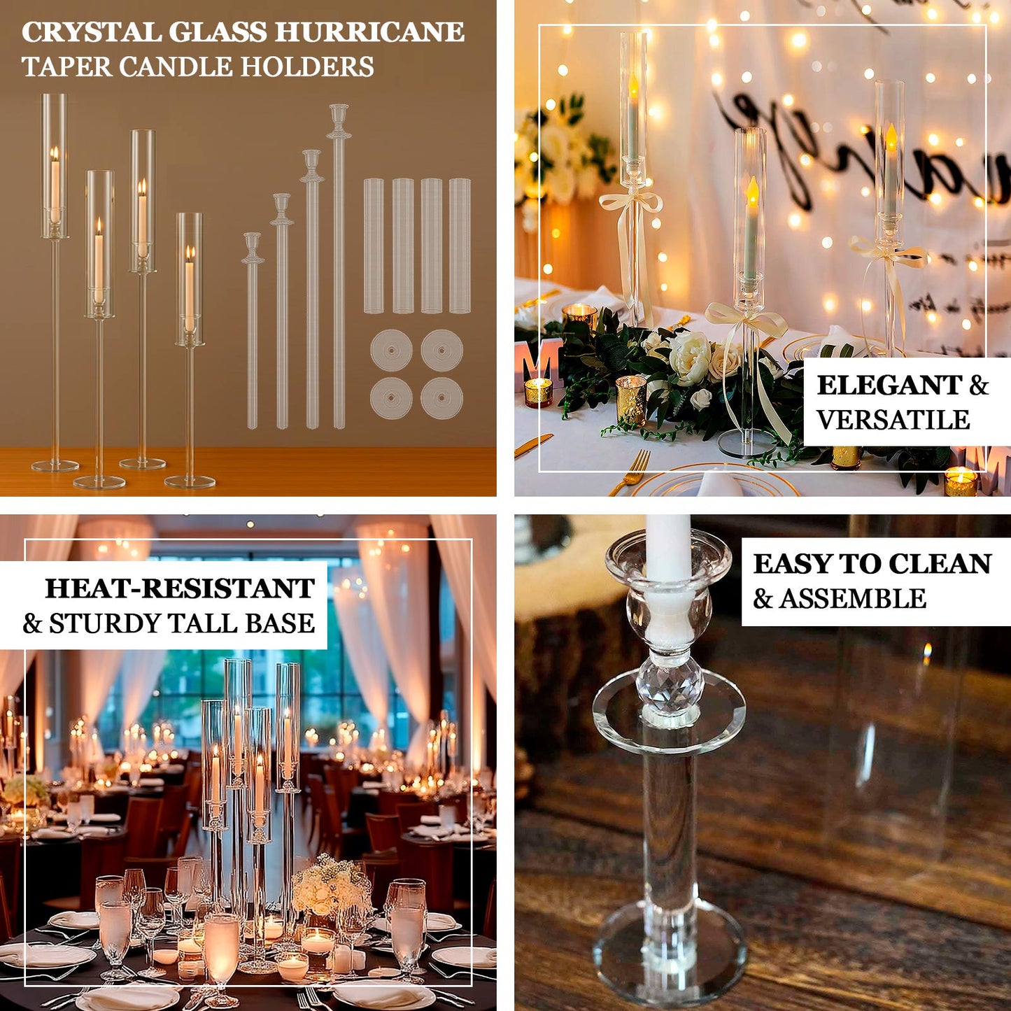 Set of 4 Crystal Glass Hurricane Taper Candle Holders Decorative Tall Candle Stands Clear Cylinder Chimney Tubes 29’’