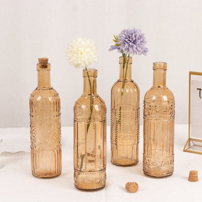 Set of 4 Embossed Glass Bottles Vintage Amber Gold with Corks - Large Flower Bud Vases 16oz 10" Tall
