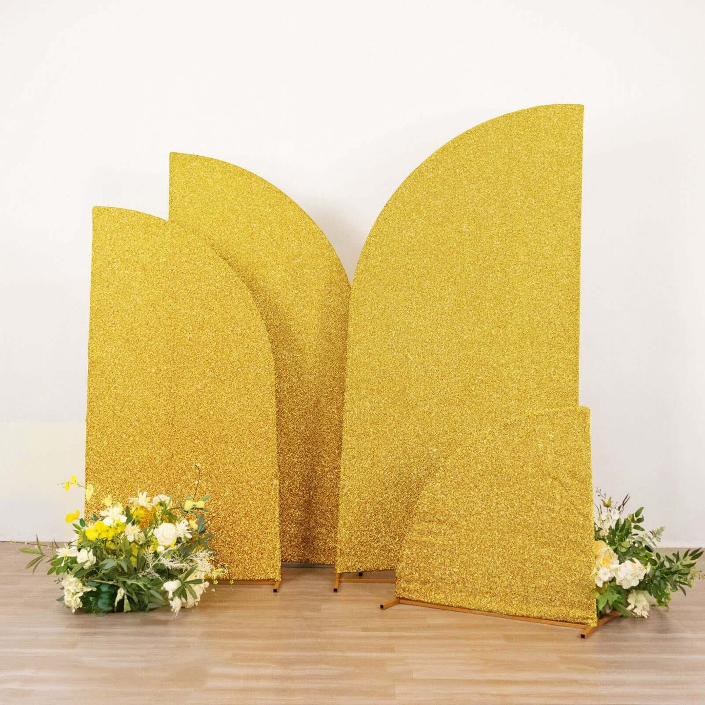 Set of 4 Gold Chiara Wedding Arch Covers Shimmer Tinsel Finish, Fitted Covers For Half Moon Backdrop Stands - 2.5ft, 5ft, 6ft, 7ft