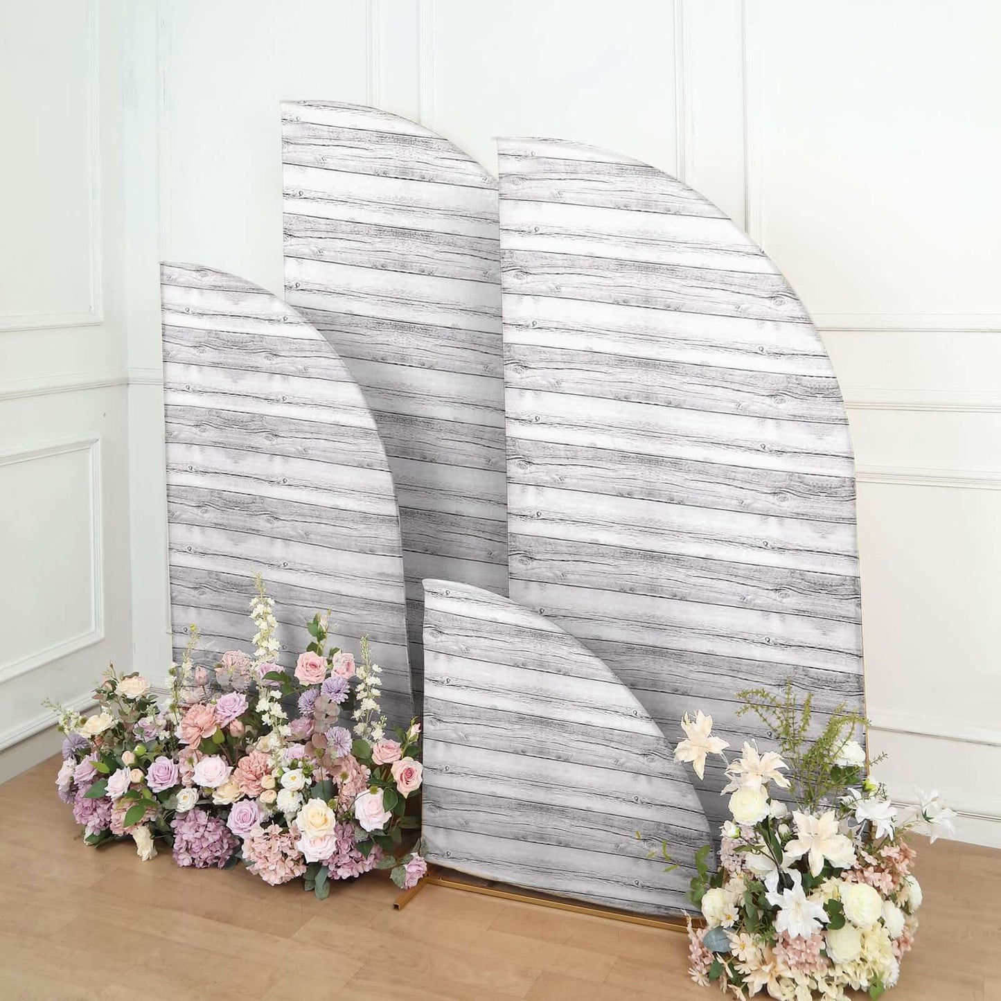 Set of 4 Whitewash Rustic Wood Print Spandex Chiara Wedding Arch Covers, Fitted Covers For Half Moon Backdrop Stands - 2.5ft, 5ft, 6ft, 7ft