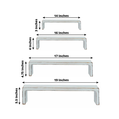 Set of 4 Wooden Display Risers Whitewash Rectangular Bench Style - Stackable Rustic Farmhouse Nesting Stands 14’’ 16’’
