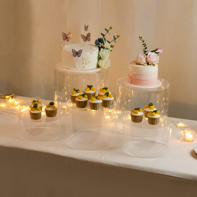 Set of 5 Acrylic Cake Stands Cylinder Design Round Clear - Display Risers for Events 8.5’’ 9’’ 10’’ 11’’ 12’’