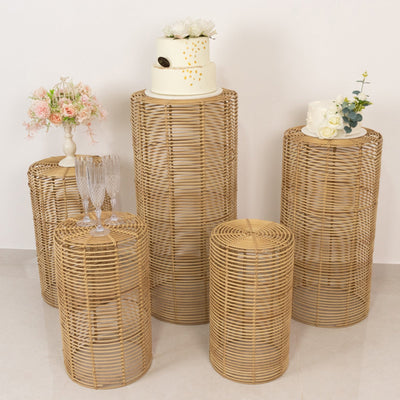 Set of 5 Natural Woven Rattan Wicker Pedestal Stands Boho Chic Side Table Cylinder Cake Dessert Plant Display Stands
