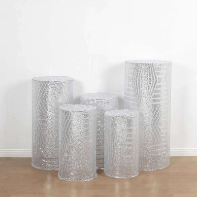 Set of 5 Silver Sequin Mesh Cylinder Pedestal Stand Covers with Geometric Pattern Embroidery, Sparkly Sheer Tulle Pillar Prop Covers