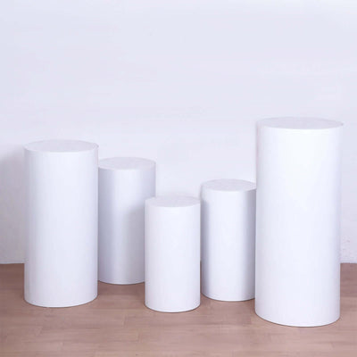 Set of 5 White Metal Cylinder Pillar Prop Stands For Wedding Aisle Round Plinth Pedestal Display Boxes
