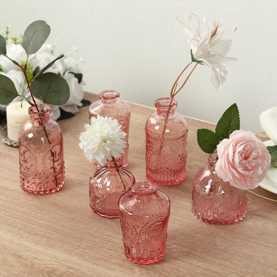 Set of 6 Embossed Glass Bud Vases Vintage Dusty Rose - Apothecary Style Decorative Table Centerpieces