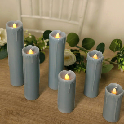 Set of 6 LED Flameless Luminaria Candles Drip Wax Dusty Blue - Battery Operated Pillar Lighting - LED