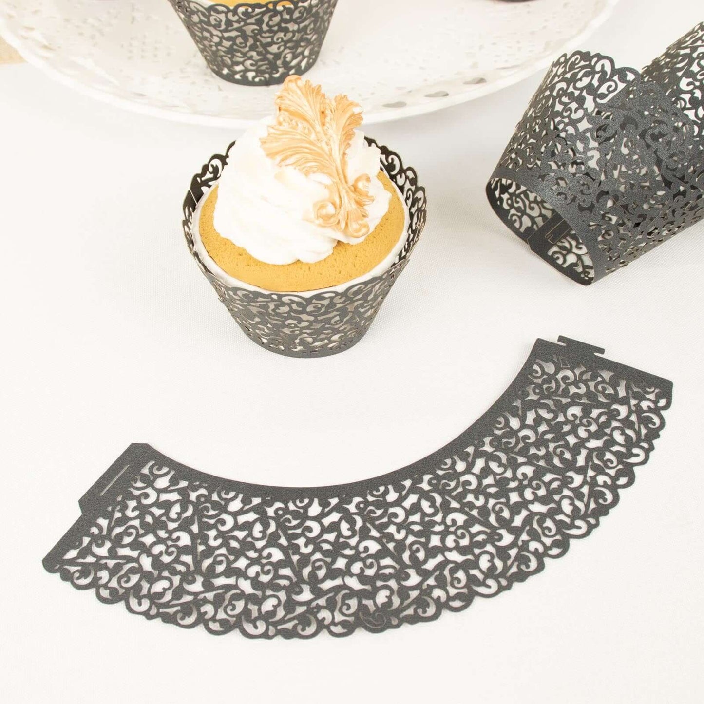 25-Pack Paper Cupcake Wrappers Lace Laser Cut Design Black - Muffin Baking Cup Trays for Events