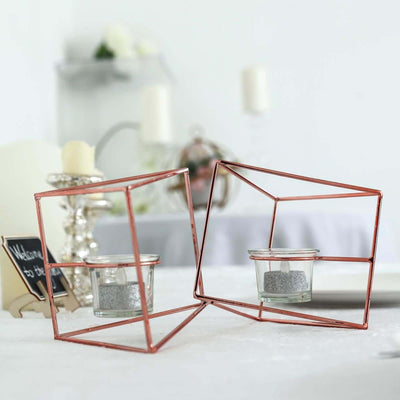 Set of Metal Candle Holders Linked Geometric Design Rose Gold - Chic Votive Glass Decor for Events & Gatherings 9"