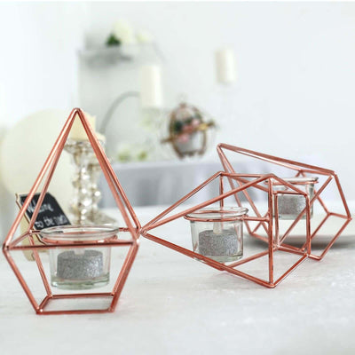 Set of Metal Candle Holders Linked Geometric Design Rose Gold - Modern Votive Glass Decor for Tables & Gatherings 16"