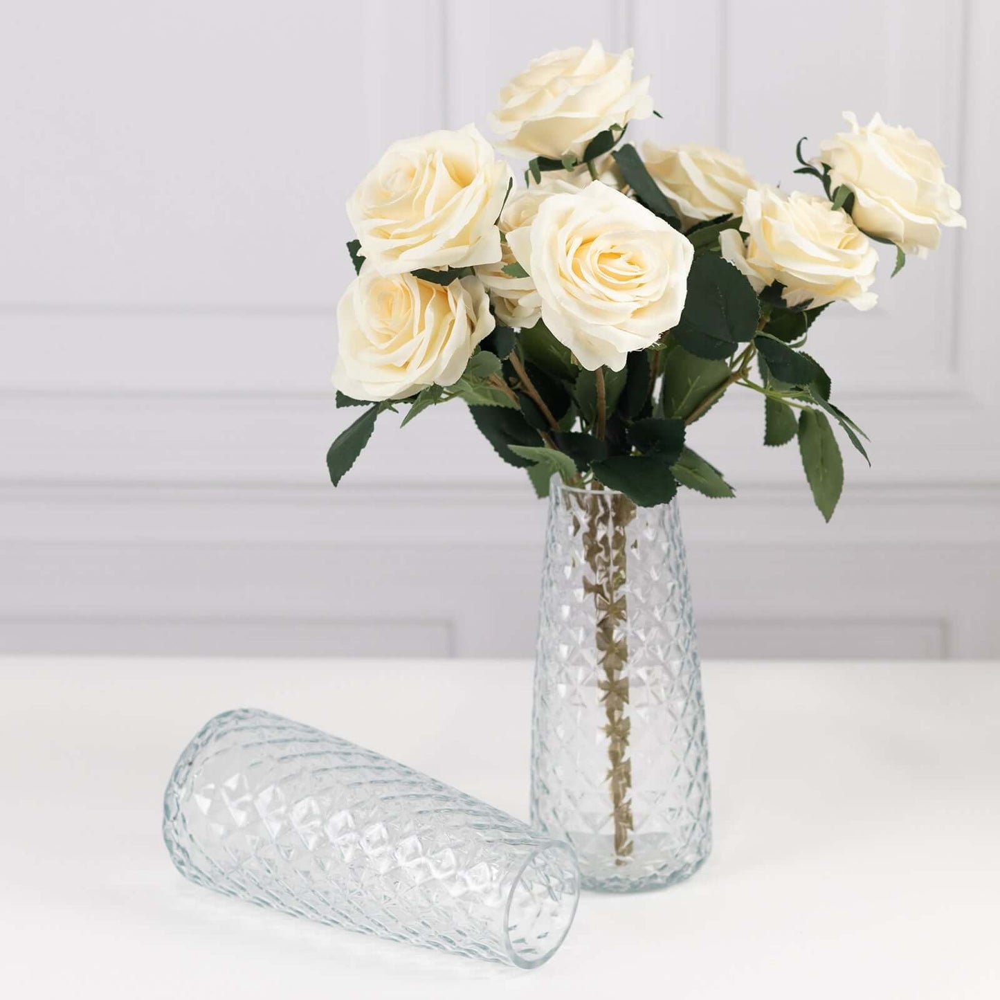 6-Pack Glass Urn Vases Clear with Diamond Crystal Cut Pattern - Stylish Decorative Design for Event Decor 8.5"
