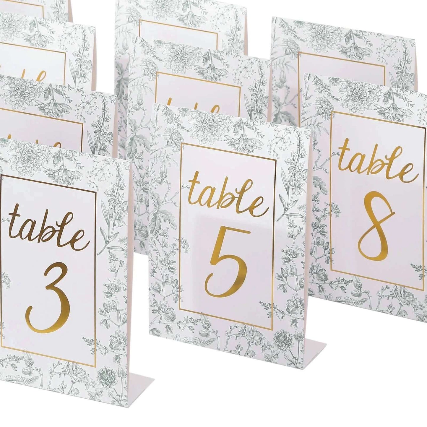 25-Pack Paper Wedding Table Numbers 1-25 White/Sage Green French Toile Design - Free Standing Double Sided Table Signs with Glam Gold Foil Numbers 7"