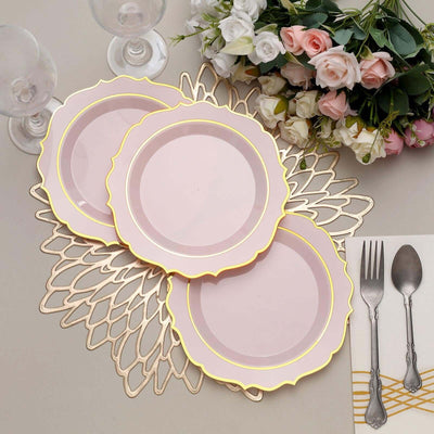 10-Pack Plastic 8" Round Dessert Plates in Blush with Gold Scalloped Rim - Disposable Appetizer/Salad Plates