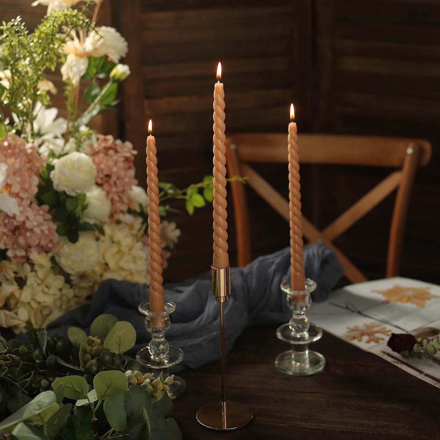 12-Pack Taper Candles Spiral Long Burn Wick Design Beige - Premium Unscented Wax Dinner Candle Sticks 11"