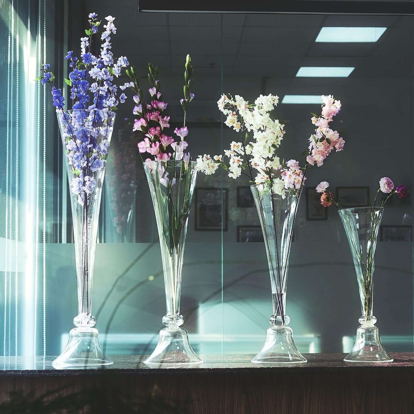 Set of 2 Glass Trumpet Vases Reversible Clarinet Design Clear - Stylish Flower Centerpieces for Events 24"