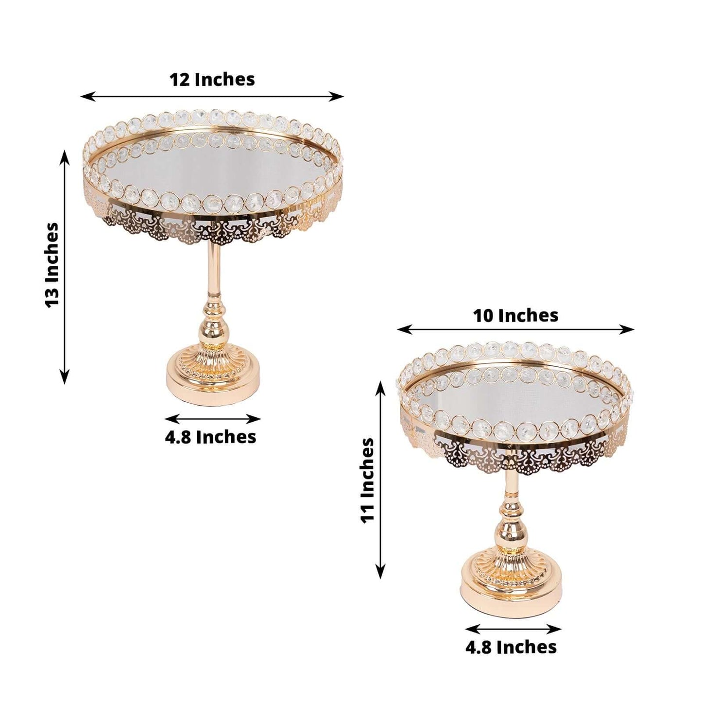 Set of 2 Pedestal Cake Stands Round Design with Mirror Top Gold - Crystal Beaded Cupcake Dessert Display Metal 11", 13"