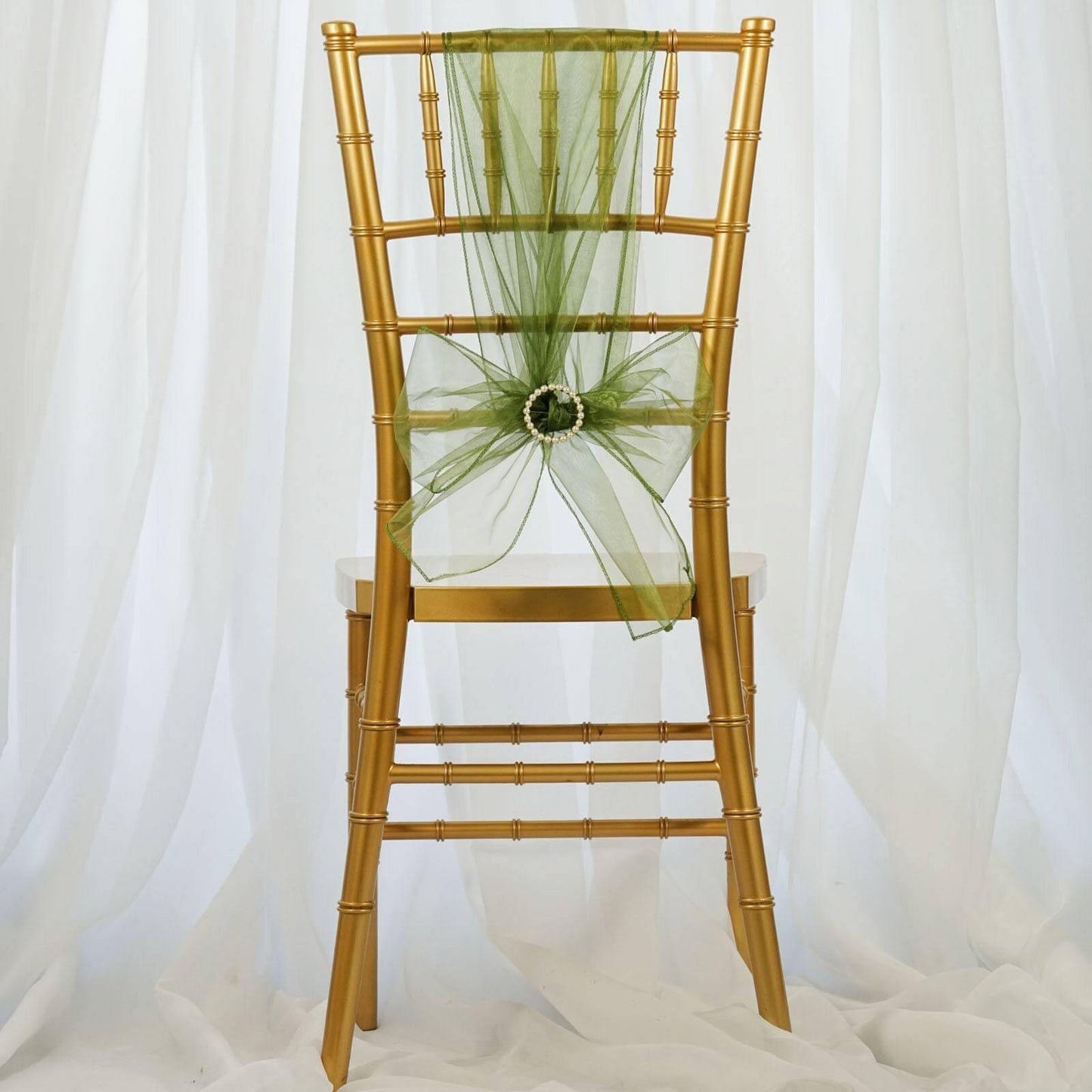 5 Pack Organza Chair Sashes Olive Green - Reusable Sheer Chair Bows 6"x108"