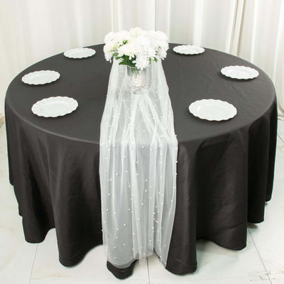Sheer Tulle 48"x120" Table Runner White Pearl Embellished - Stylish Wedding & Event Table Linen