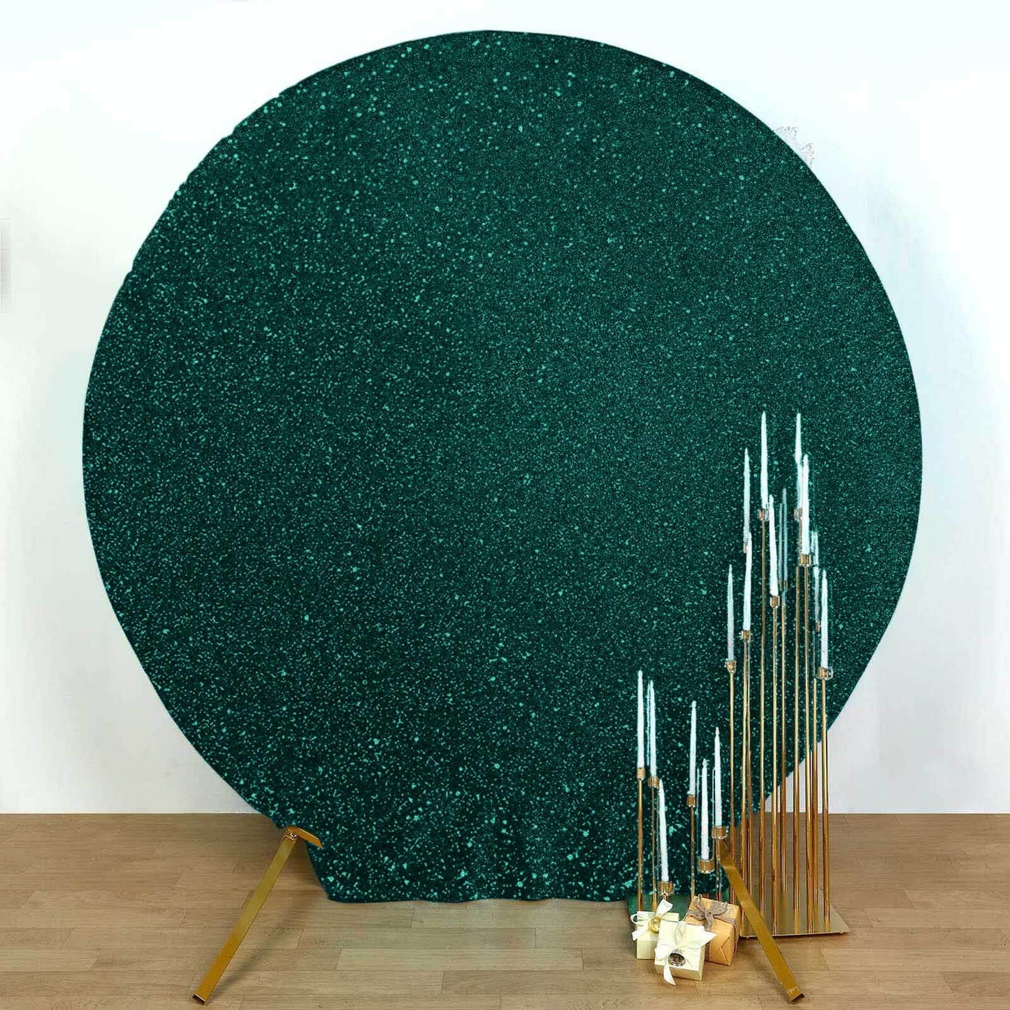 7.5ft Hunter Emerald Green Metallic Shimmer Tinsel Spandex Round Wedding Arch Cover, 2-Sided Photo Backdrop