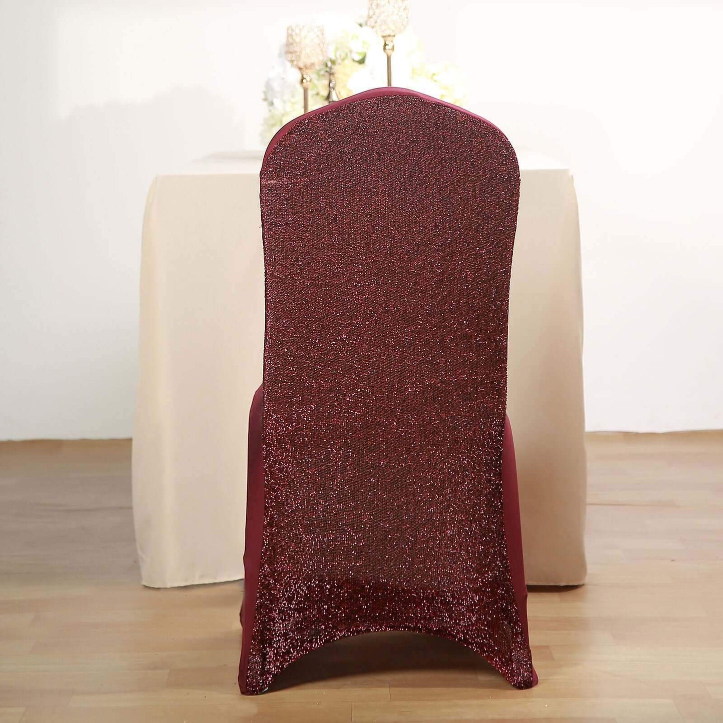 Spandex Chair Cover with Metallic Shimmer Tinsel Back for Banquet Chairs Burgundy - Fitted Slipcover