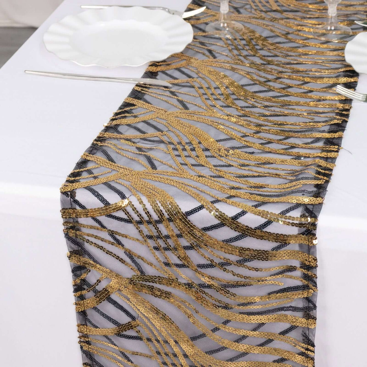 Sequin Mesh 12"x108" Table Runner Black Gold Stylish Wave Embroidery