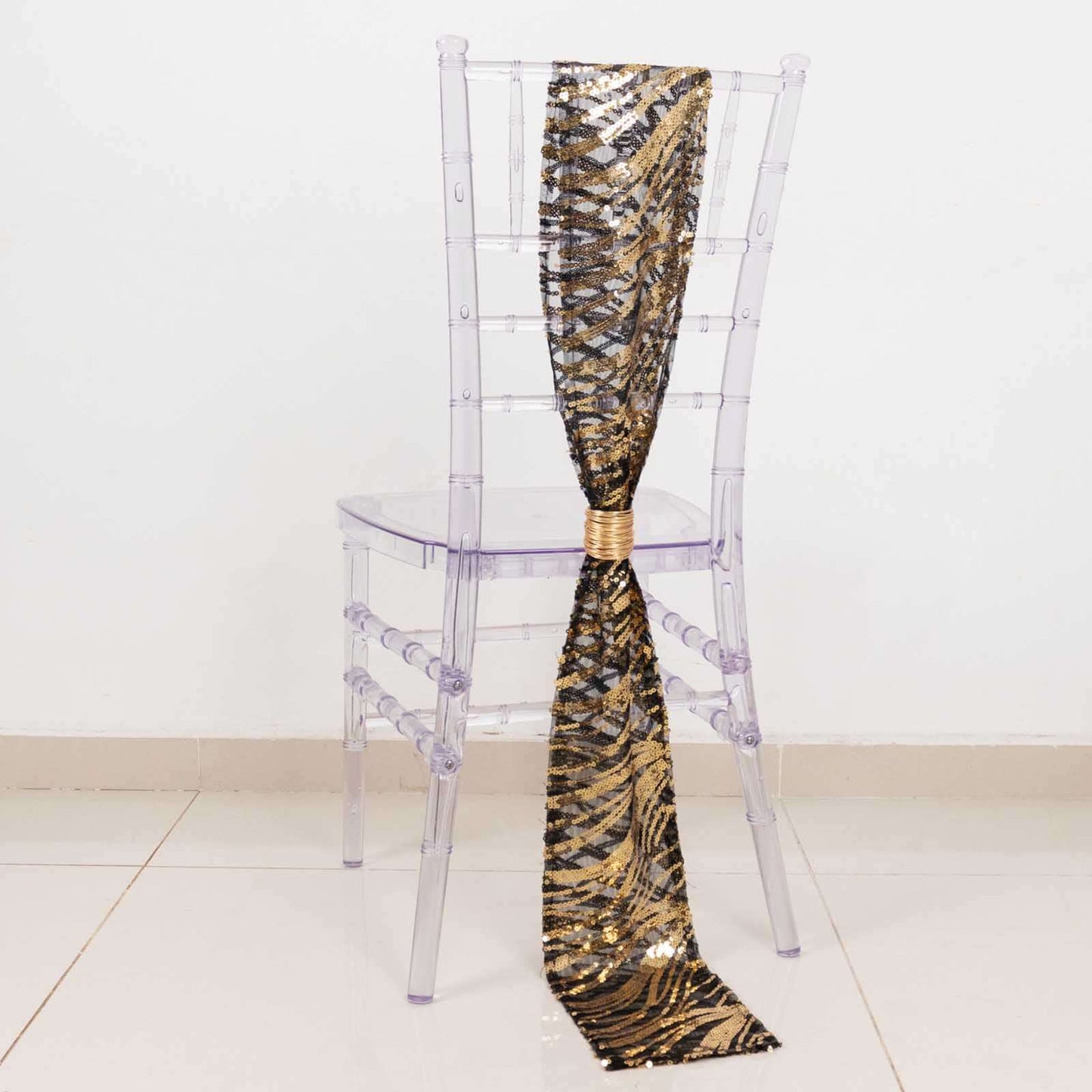 5 Pack Chair Sashes with Wave Embroidered Sequins Black/Gold 6"x88" - Stylish Glittering Decor for Weddings
