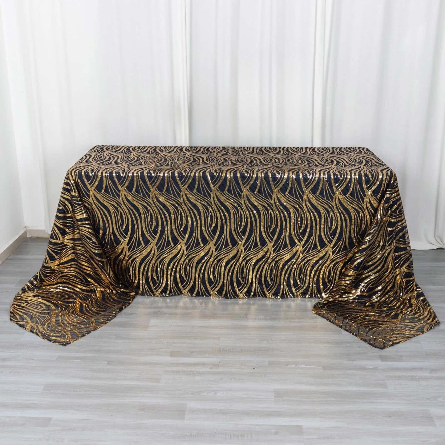 Mesh 90"x156" Rectangle Tablecloth Black/Gold - Wave Sequin Embroidered Table Cover