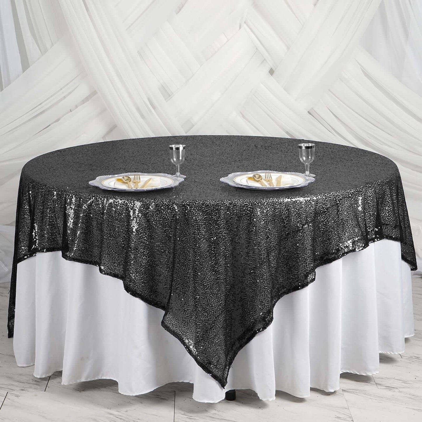 Sequin 90"x90" Table Overlay Square Tablecloth Black - Sparkly Table Cover
