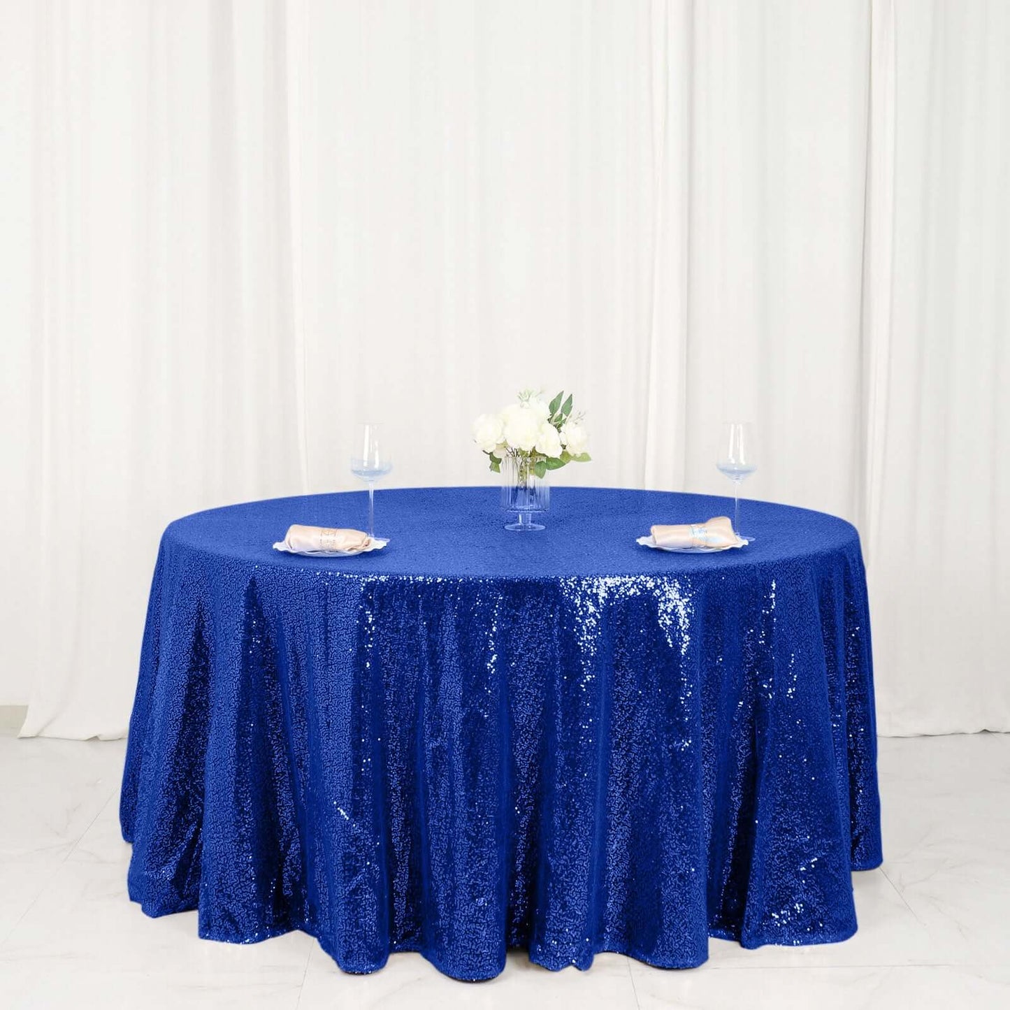 Sequin 120" Round Tablecloth Royal Blue - Seamless Glittering Table Cover