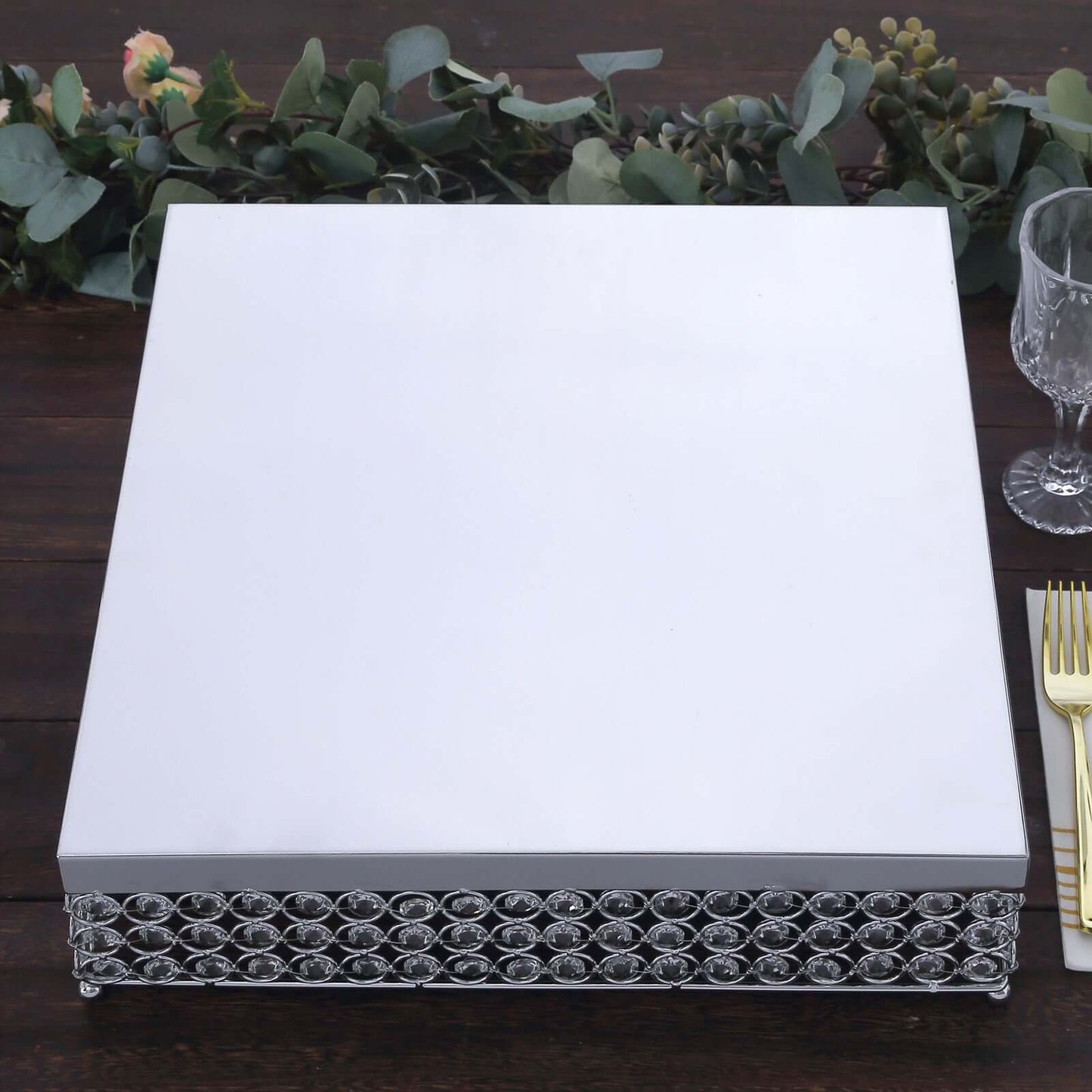 Metal Cake Stand Square Design with Crystal Beads Silver - Dessert Pedestal for Events 16"