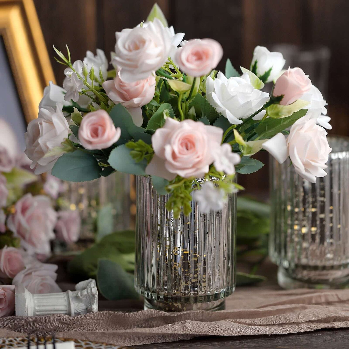 3-Pack Mercury Glass Hurricane Candle Holders Silver Wavy Column Design - Votive Pillar Vase 5"