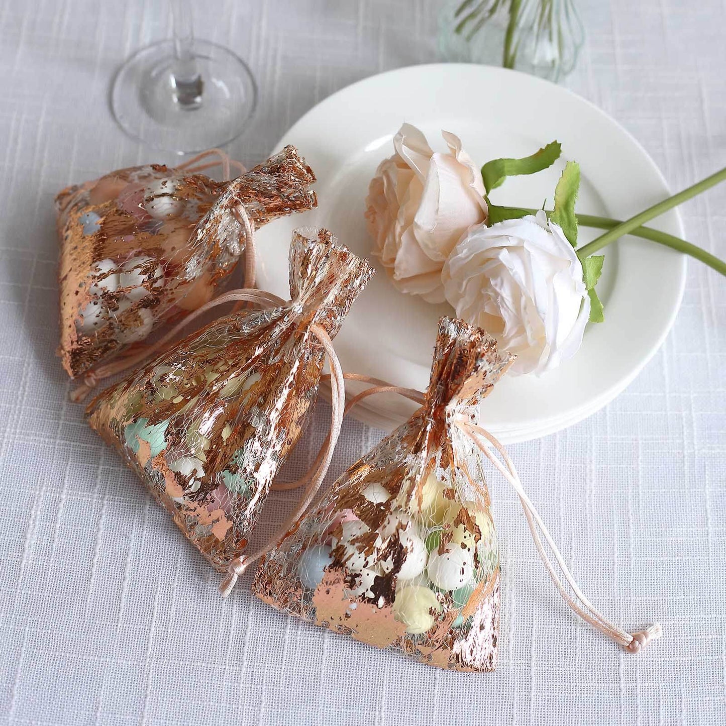 12 Pack Metallic Rose Gold Foil Polyester Drawstring Candy Bags, Wedding Party Favor Bags - 4"x5"