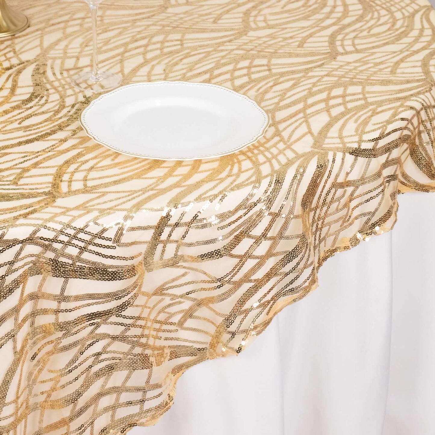 Mesh 72"x72" Table Overlay Square Tablecloth Champagne - Wave Embroidered Sequins Table Topper