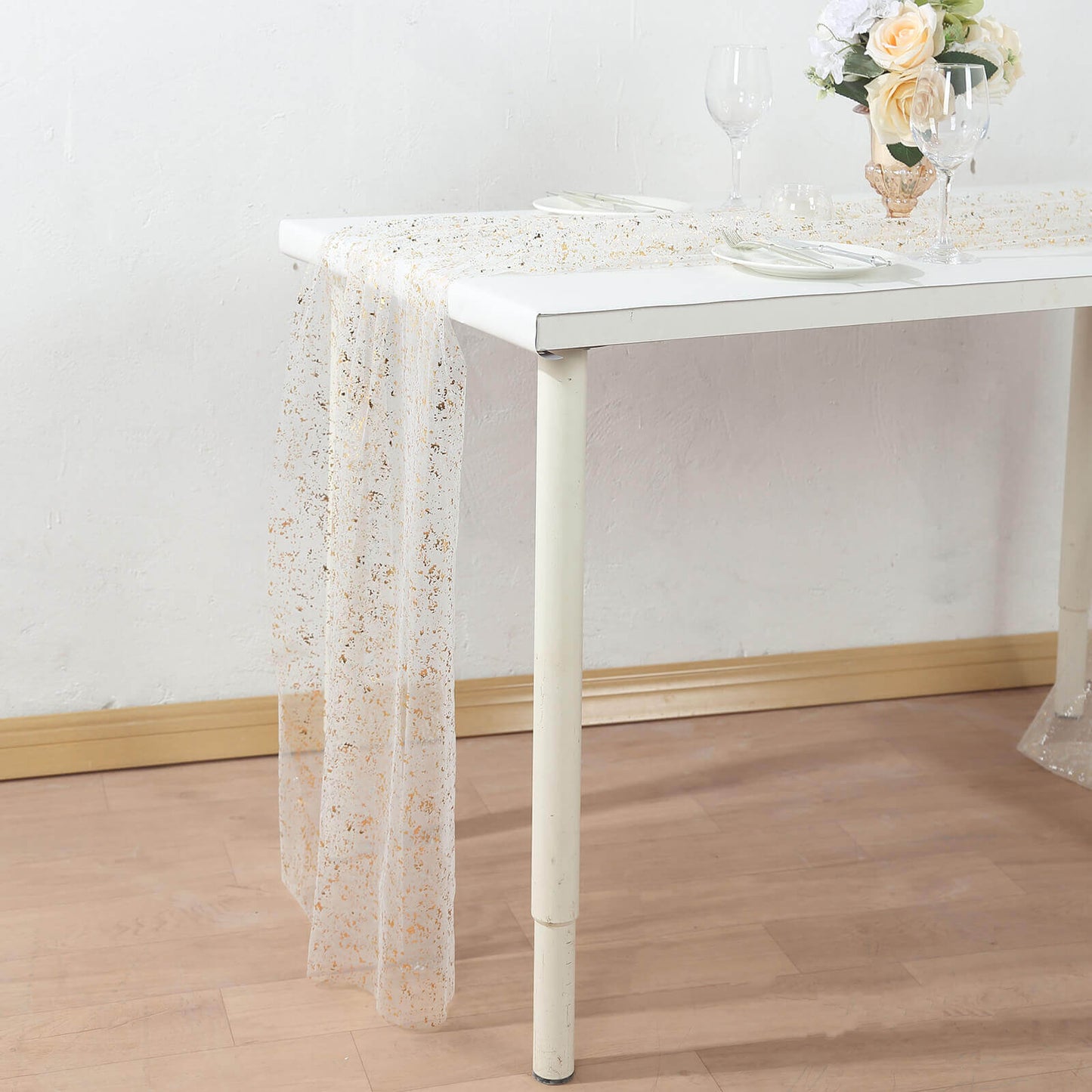 Sheer Chiffon 10ft Table Runner Metallic Gold Glittered Design - Sparkling Table Decor