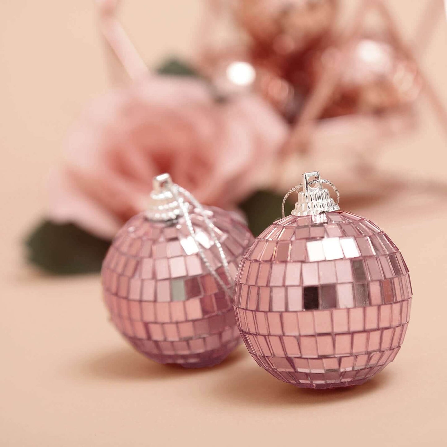 6 Pack 2" Rose Gold Foam Disco Mirror Ball With Hanging Strings, Holiday Christmas Ornaments