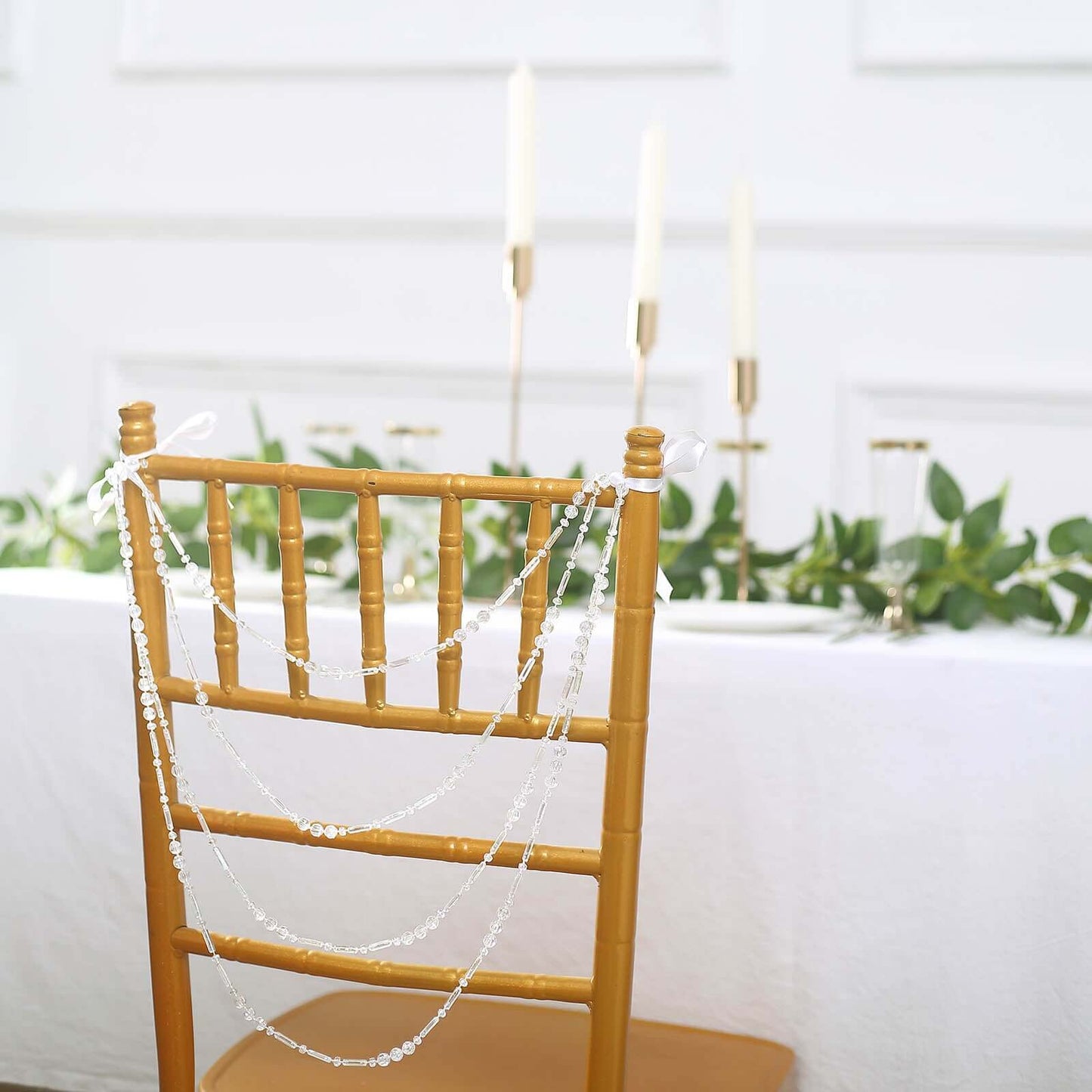 Faux Pearl Beaded 16" Chair Back Garland Sash Iridescent Gatsby-Inspired Style - Pre-Tied Chic Wedding Decor for Chiavari Chairs