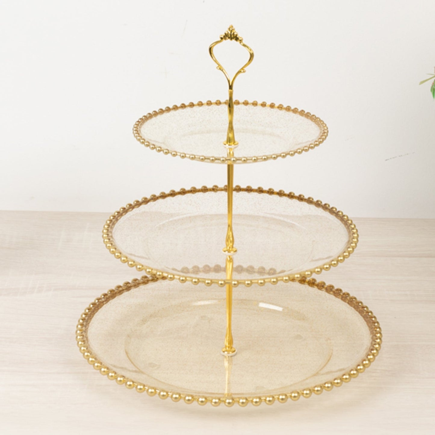 14" Clear Gold Glittered 3-Tier Plastic Dessert Display Stand With Gold Beaded Rim, Round Cupcake Tower Tea Party Serving Platter With Top Handle