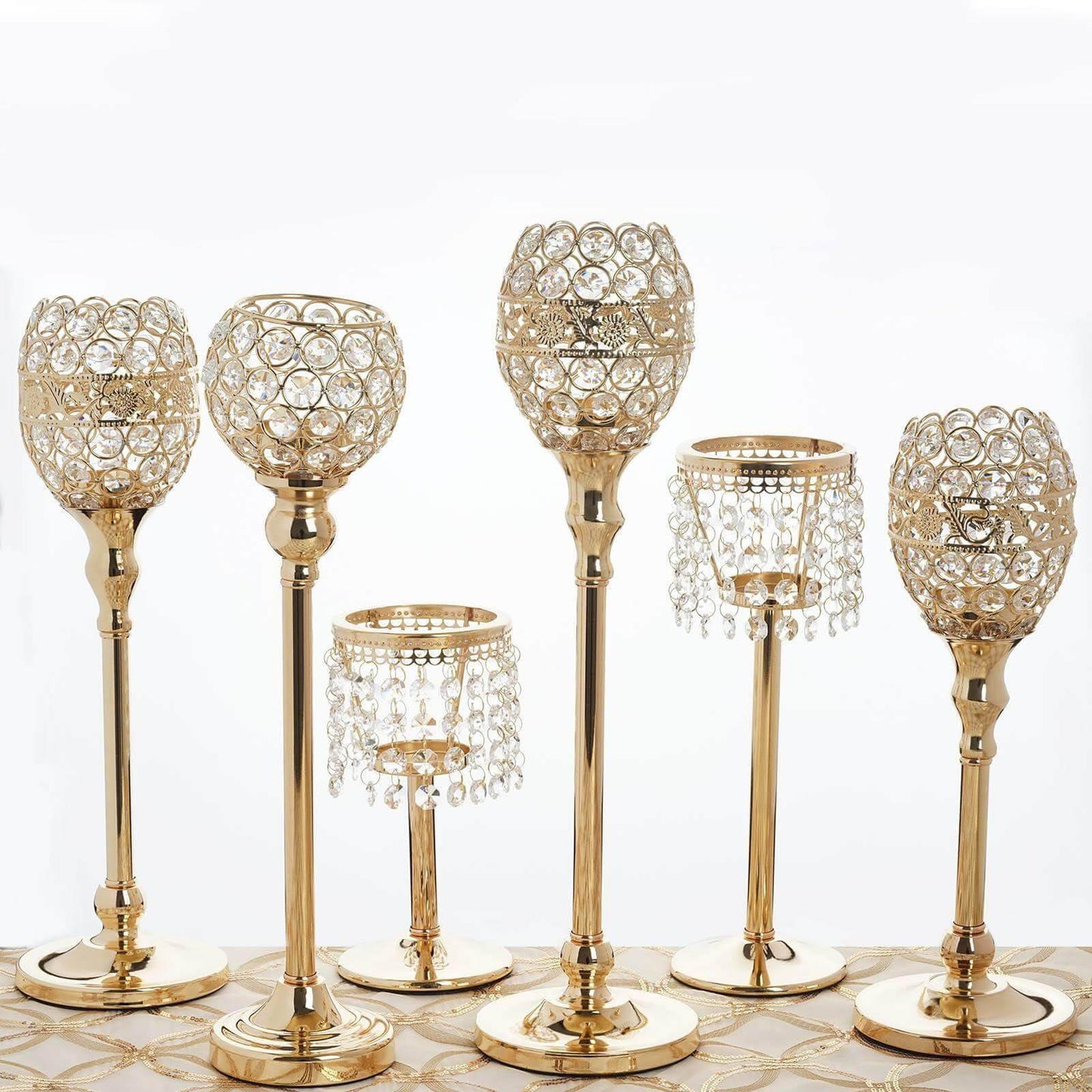 Crystal Votive Pillar Holder Metal 16" Gold - Chic Round Tealight Stand for Events
