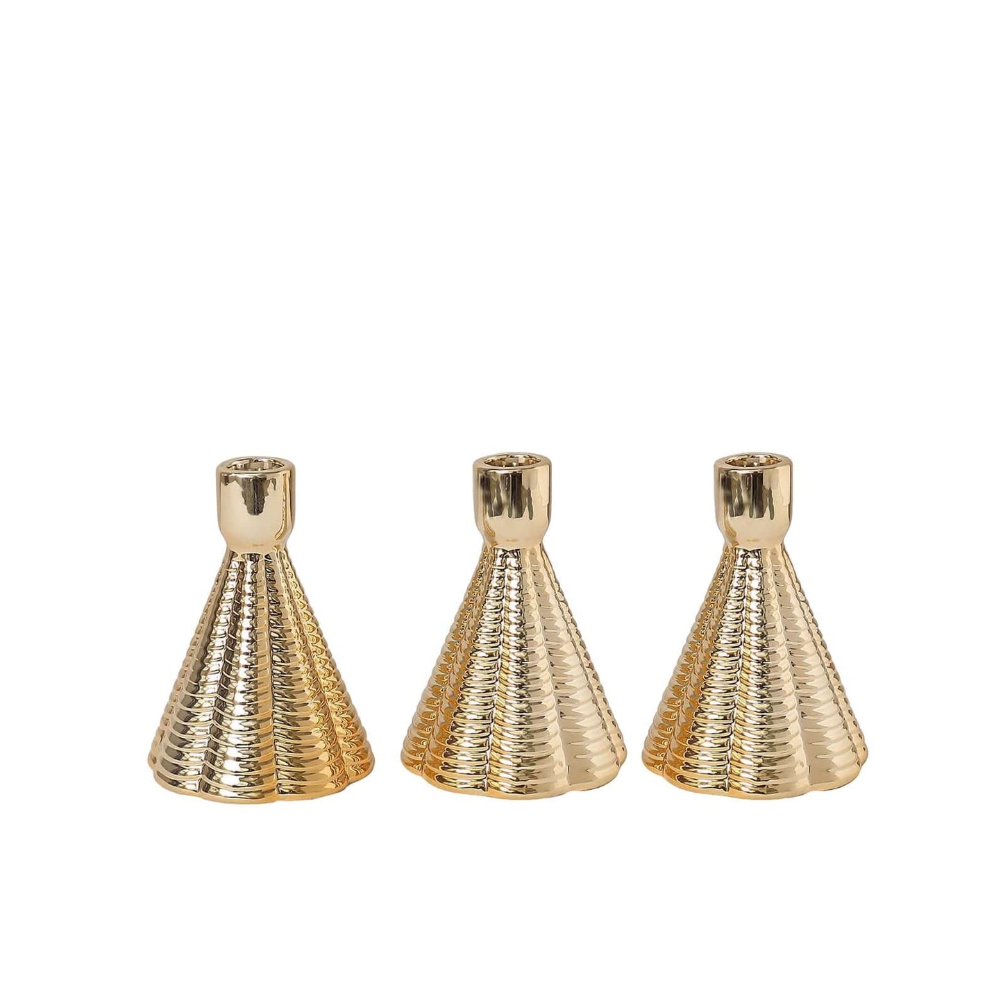 3-Pack Ceramic Taper Candle Holders Ribbed Cone Shaped Design Metallic Gold - Candlestick Stands for Decor 5"