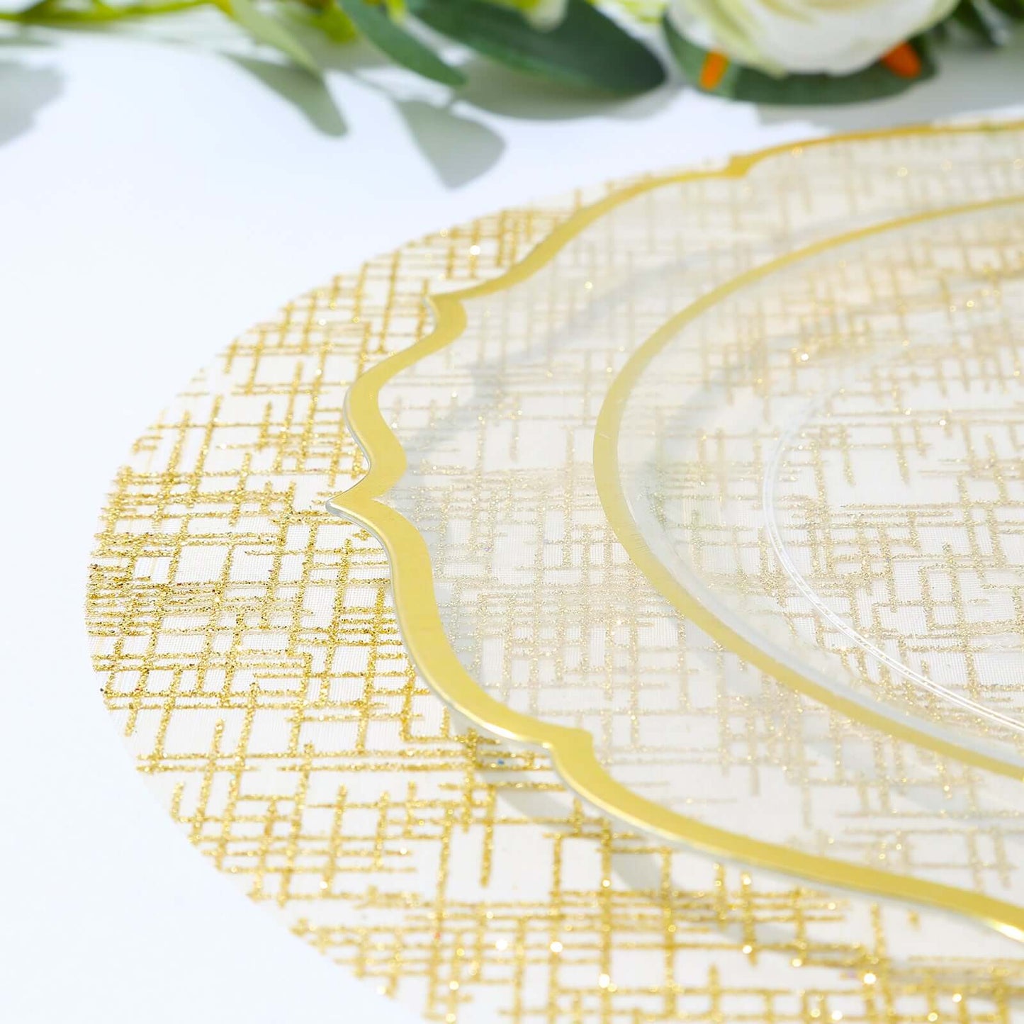 10-Pack Table Placemats Glitter Design Metallic Gold Round - Mesh Polyester Disposable Mats 13"