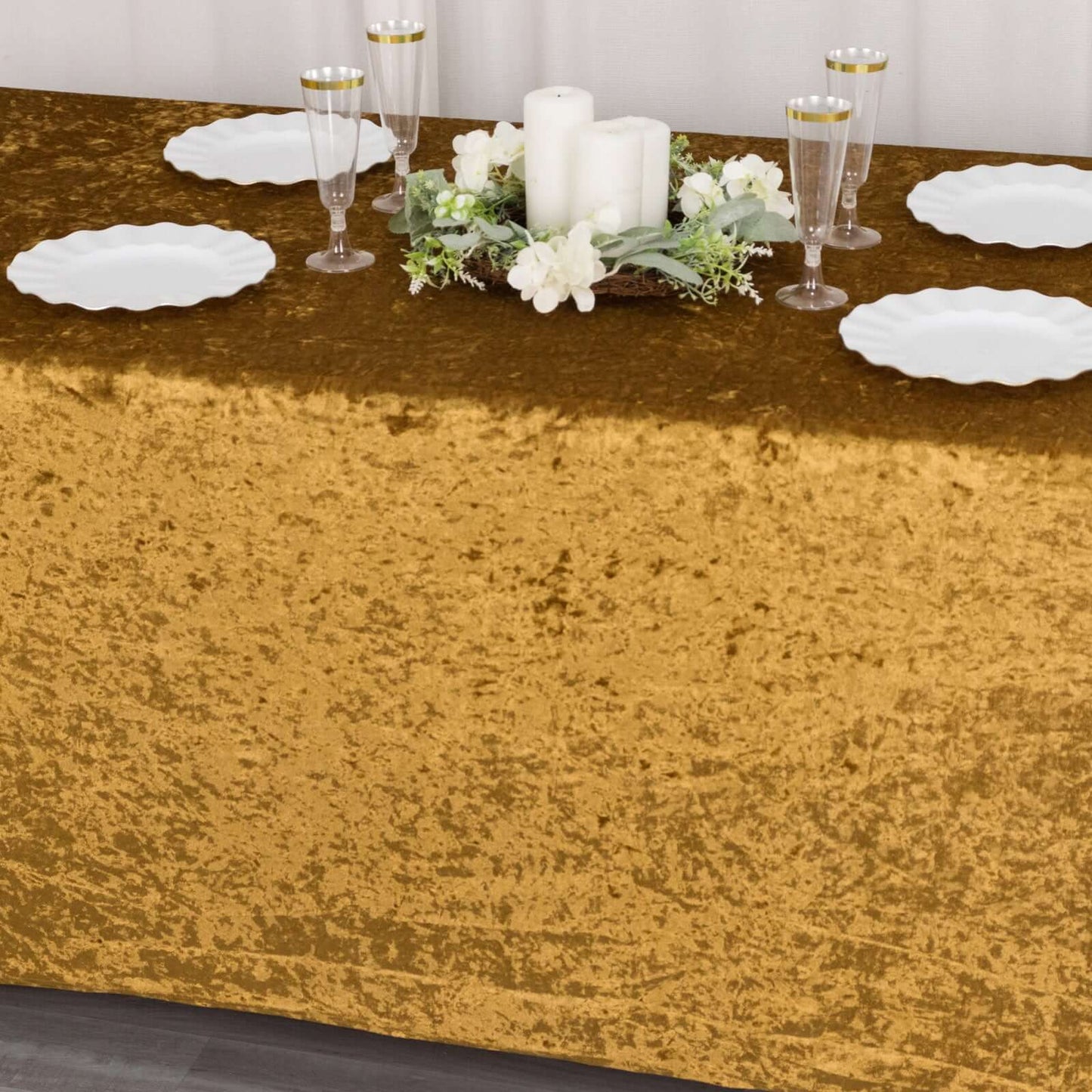 Crushed Velvet Fitted Rectangular 6ft Table Cover Gold - Wrinkle-Free Stretchy Tablecloth