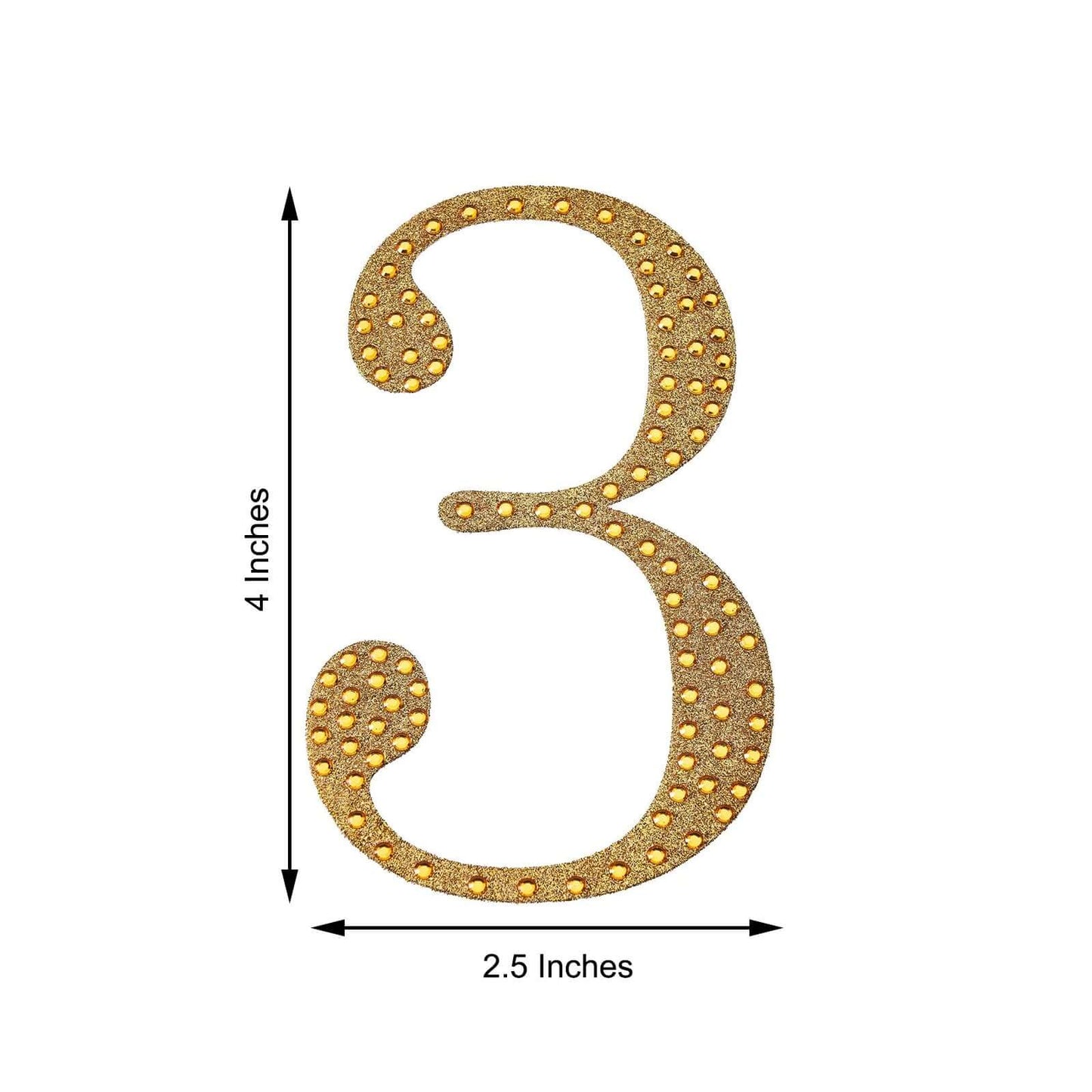 Decorative Rhinestone Number "3" Stickers, Glitter Adhesive Craft Numbers Gold DIY Sparkle Embellishments 4"