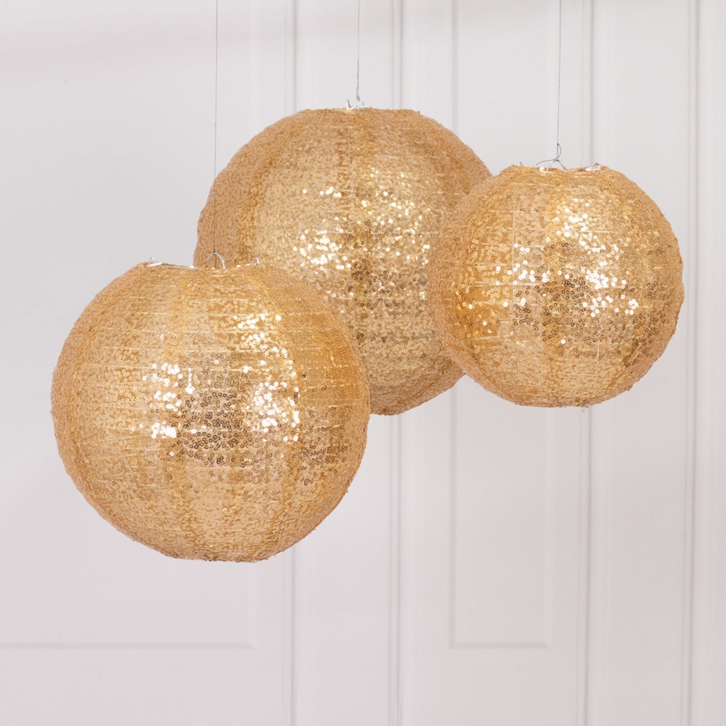 Set of 3 Glitter Gold Sequin Fabric Hanging Lanterns, Decorative Round Foldable Chinese Lantern Lampshades - 8",10",12"