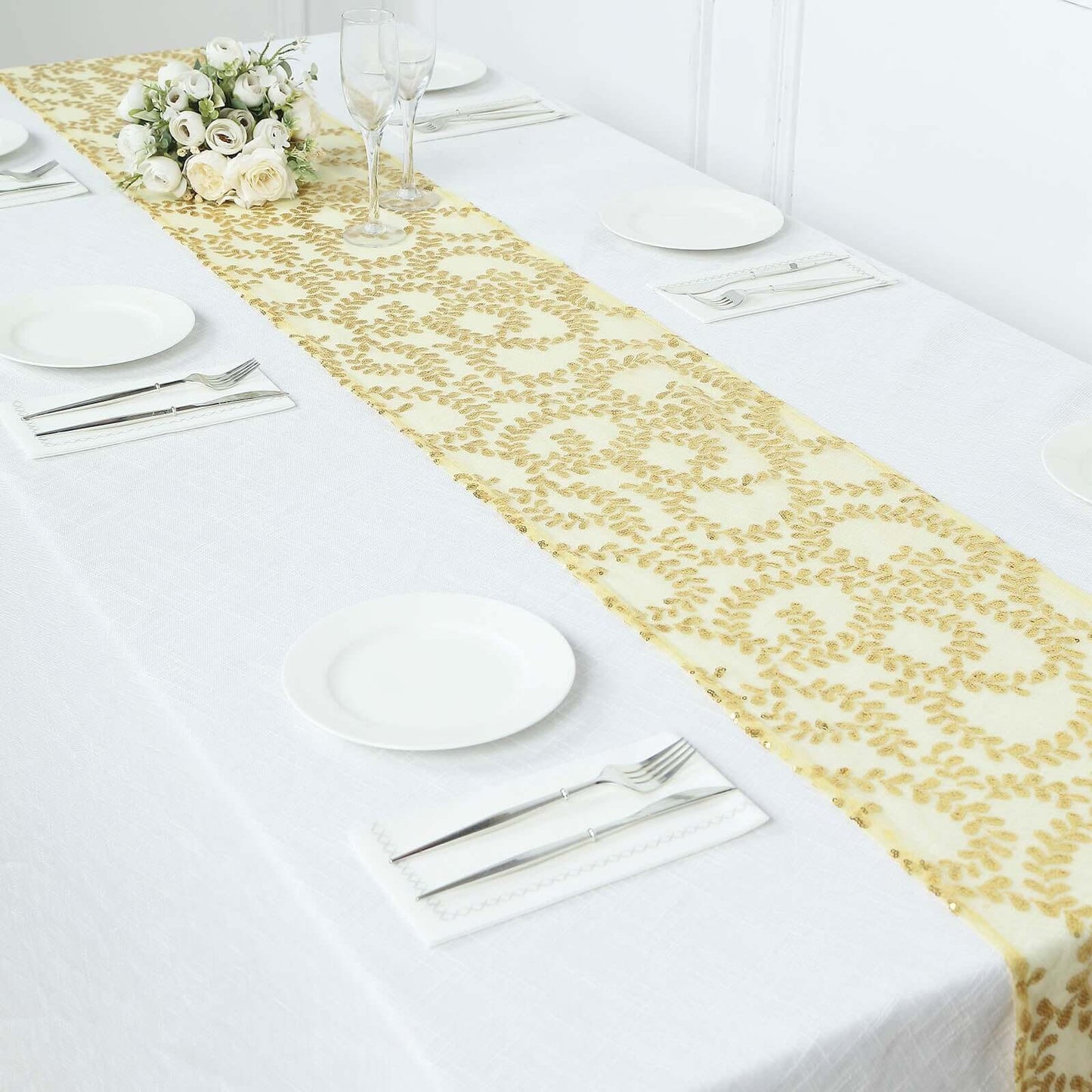 Mesh 12"x108" Table Runner Gold - Leaf Vine Sequin Embroidered Design for Sophisticated Occasion