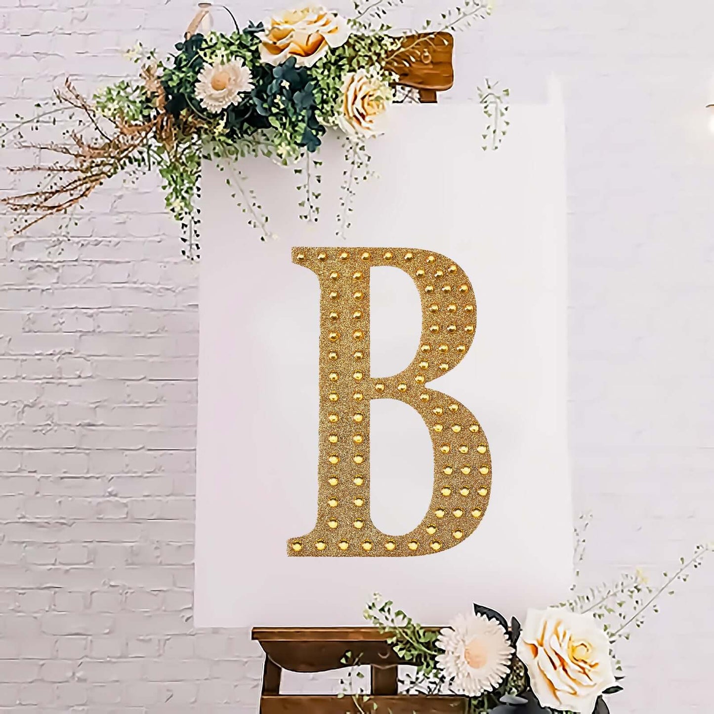 Decorative Rhinestone Alphabet "B" Letter Stickers, Glitter Adhesive Craft Letters Gold DIY Sparkle Embellishments 8"